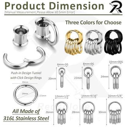 1 Pair Ear Guages with Rings 316L Stainless Steel Saddle Plugs for Ears Hypoallergenic Hoop Earrings Weights Stretchers Ears Tunnels Expander Piercing 0G 00G 1/2" 9/16" - color: Black;0G(8mm)