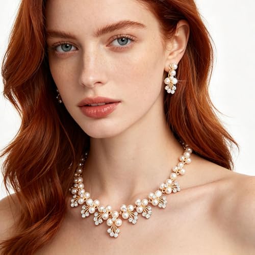 Simulated Pearl Bridal Jewelry Set White Pearl Leaf Pendant Necklace Earrings Set Zinc Alloy Rhinestone Wedding Party Jewelry for Bridesmaids Bride - color: white pearl