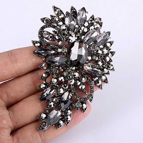 EVER FAITH Women's Austrian Crystal Wedding Flower Leaf Bouquet Brooch - color: Black Black-Tone