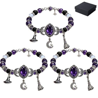 Witch's Crystal Moon Charm Bracelet, Purple Beaded Mystic Witch Jewelry, Mystic Crystal Moon Charm Bracelet, Magical Style - color: 3pcs