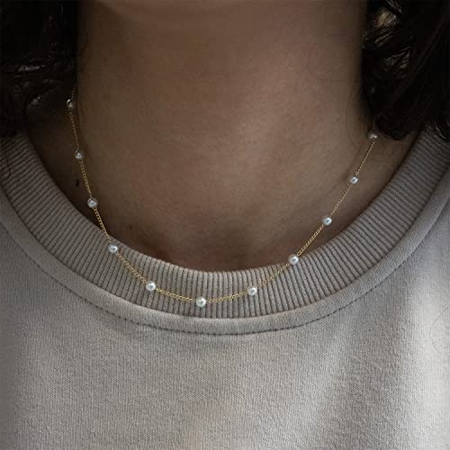 Gold Pearl Necklace For Women - 14K Gold Plated Layered Herringbone Chain Pearl Necklace, Trendy Simple Gold Jewelry Gift - color: Satellite Pearl-Gold
