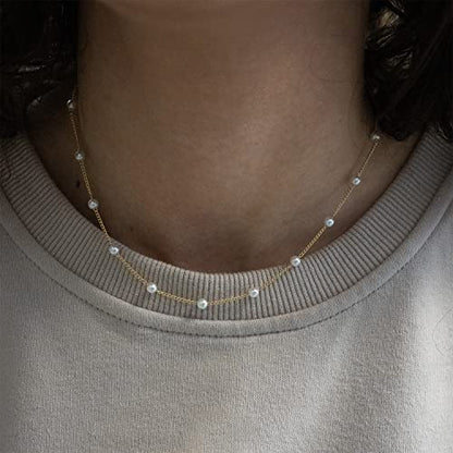 Gold Pearl Necklace For Women - 14K Gold Plated Layered Herringbone Chain Pearl Necklace, Trendy Simple Gold Jewelry Gift - color: Satellite Pearl-Gold