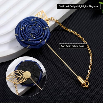 Gold Lapel Pin for Men, Gold Foil Brooch Men's White Flower Satin Lapel Pin with Metal Chain for Suits Professional Tuxedo Groom Wedding Brooch - color: Navy Blue