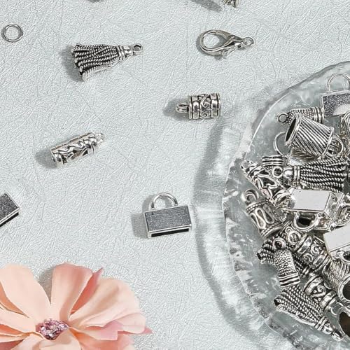 SUNNYCLUE 1 Box 230pcs Tassel End Caps Kumihimo Cord End Caps Alloy Metal Antique Silver Glue in Crimp String Leather Cords Tassel Ends Tips Supplies for Jewelry Making Kit Kumihimo Supplies Crafts - style: Style 1