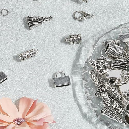 SUNNYCLUE 1 Box 230pcs Tassel End Caps Kumihimo Cord End Caps Alloy Metal Antique Silver Glue in Crimp String Leather Cords Tassel Ends Tips Supplies for Jewelry Making Kit Kumihimo Supplies Crafts - style: Style 1