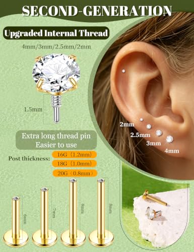 4Pairs 16G 18G G23 Titanium Flat Back Stud Earrings for Women Extended Internal Thread Cartilage Earrings Hypoallergenic Conch Helix Tragus Stud Lip Labret Medusa Nose Piercing Jewelry - color: Gold, size: 16G(1.2mm)