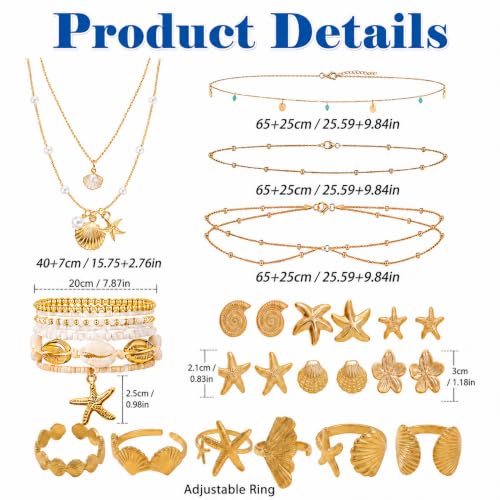 Boho Beach Jewelry Sets for Women | Summer Seashell Starfish Accessories, Necklace, Earrings, Rings Anklet - style: 24pcs Beach Set