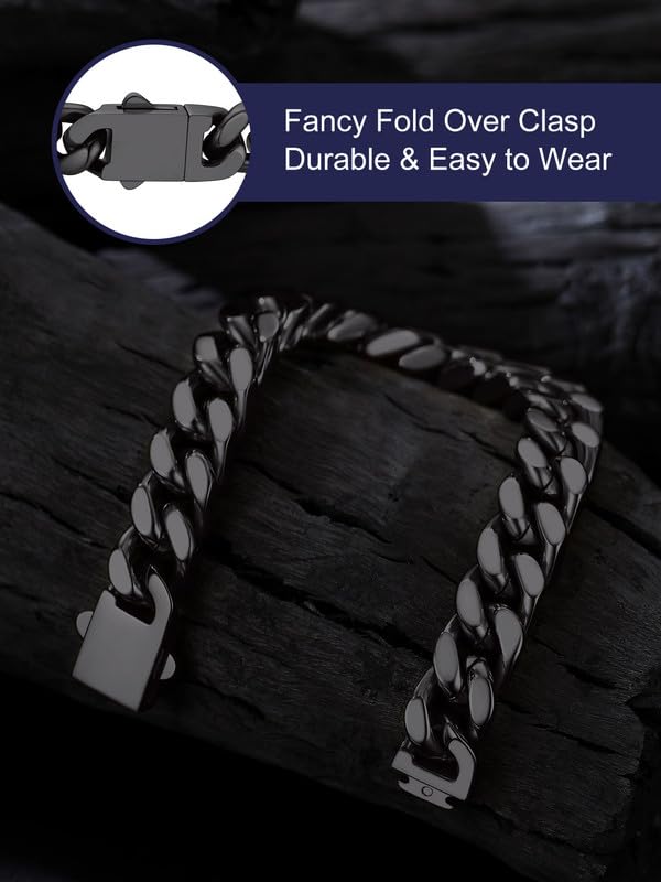 Bandmax Mens Hip Hop Cuban Link Bracelets 5/7/9/12MM Stainless Steel Miami Curb Chain Bracelet Silver/Gold Plated/Black Wristlet Chains for Men 7"-9" - color: 11 12MM-Black