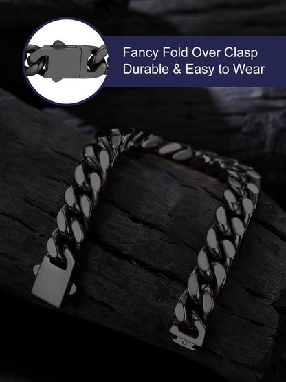 Bandmax Mens Hip Hop Cuban Link Bracelets 5/7/9/12MM Stainless Steel Miami Curb Chain Bracelet Silver/Gold Plated/Black Wristlet Chains for Men 7"-9" - color: 11 12MM-Black