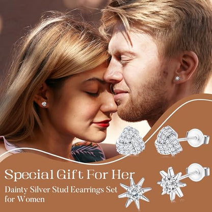 SAILIMUE Hypoallergenic Sterling Silver Stud Earrings for Women Men | Brilliant Heart Knot Round Cubic Zirconia Earring Studs for Sensitive Ears Gold Silver Tone - color: silver-C