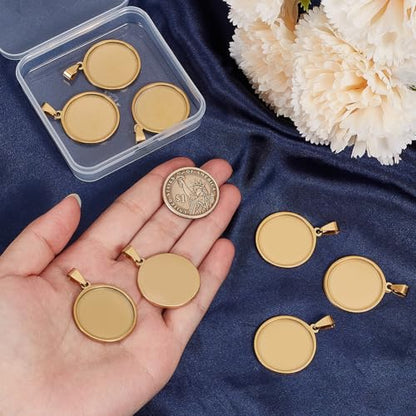 1 Box 10Pcs 25mm Gold Bezel Trays Stainless Steel Cabochon Setting Metal Flat Round Cameo Pendant Base Trays Blanks Charm for Photo Jewelry Making Earrings Necklace DIY Craft Accessories - style: gold round