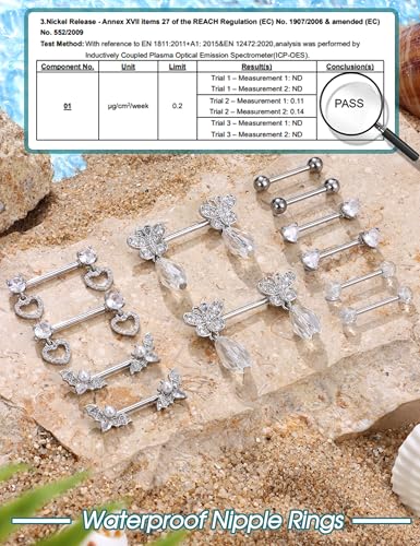JOERICA 6 Pairs 14G Nipple Rings for Women 316L Stainless Steel Heart Butterfly Moon CZ Flower Barbell Nipple Rings Set Cute Nipplerings Piercing Jewelry - color: Sliver Tone