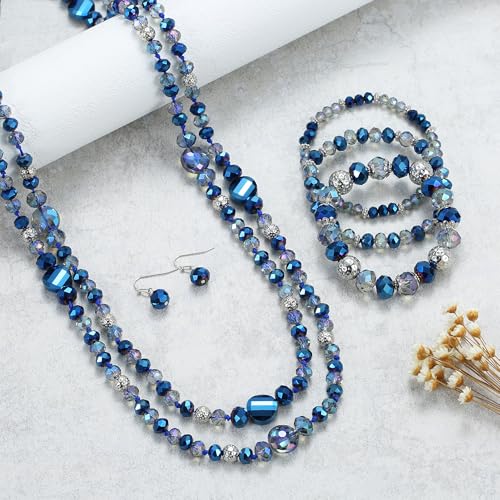 Trendy Infinity Wrap 60’’ Long Statement Necklace, Earrings and Bracelet Set - Hand Knotted Versatile Crystal and Shell Beads Strand Necklace and Chunky Beaded Stretch Bracelet Stack – Jewelry Set Gift for Women - color: Blue