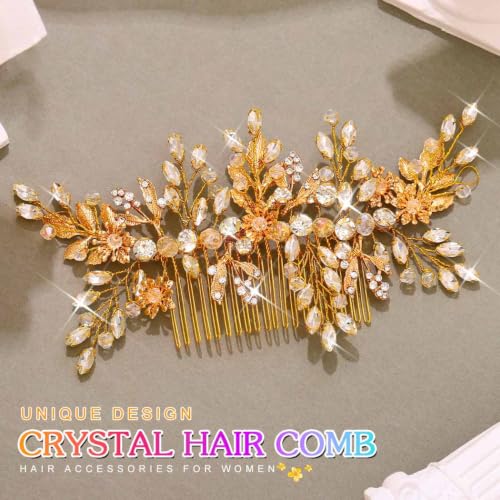Evild Rhinestone Wedding Hair Comb Leaf Bead Bride Headpieces Hair Clip Crystal Bridal Headdress Flower Wedding Hair Accessories for Brides and Bridesmaids (Gold) - color: Gold