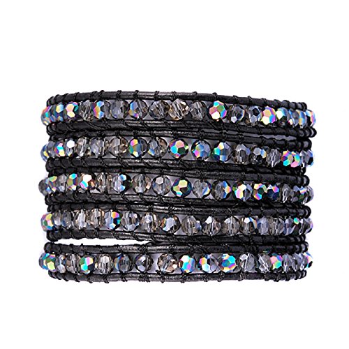 Genuine Leather Bracelet Multi Colors Crystal Beads Wrap Bracelets for Women Fashion Trendy Jewelry (5 Wraps, Facet AB Rhinestone)