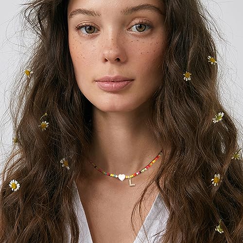 MJartoria Initial Necklaces for Women, Colorful Beaded Necklace, Shell Beach Necklace Letter Choker Handmade Jewelry Gifts - style: L
