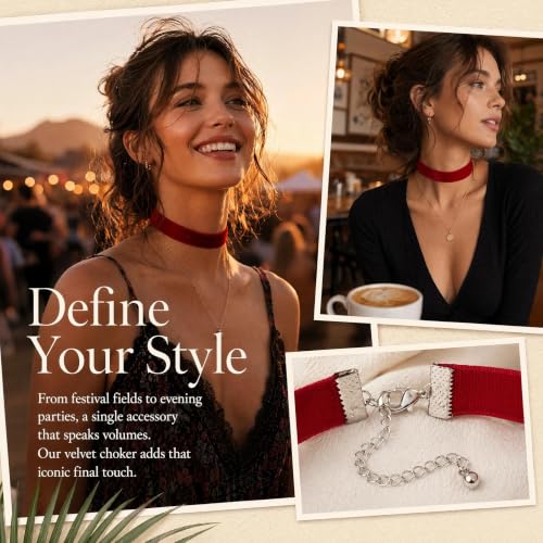 Velvet Choker Necklace for Women Goth Halloween Y2K Ribbon Collar Set - color: Red-0.6''-20pcs