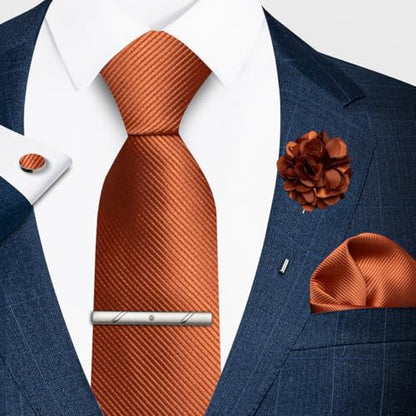 joy alice 30 Colors Solid Ties for Man Pure Color Men's Tie Set with Lapel Pin Pocket Square Tie Clip - color: Rust