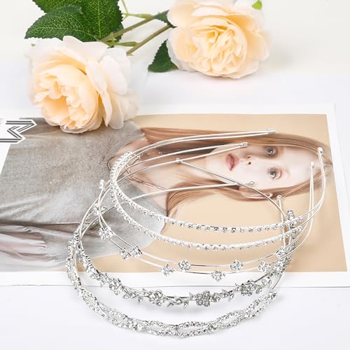 Rhinestone Headbands for Women Silver Bridal Headband Crystal Headpiece | Flower Leaf Girl Tiara Crown Head Band Wedding Hair Accessories for Girls, 4 Pcs - color: Silver