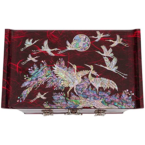 February Mountain Mother of Pearl Wooden Jewelry Organizer Box – Jewelry Storage Box for Women, Features Spacious Drawers, Ideal for Rings, Bracelets, Watches, Chains, Accessories (Crane_Red) - style: Crane_Red