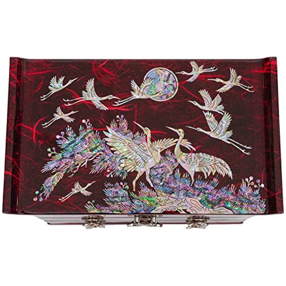 February Mountain Mother of Pearl Wooden Jewelry Organizer Box – Jewelry Storage Box for Women, Features Spacious Drawers, Ideal for Rings, Bracelets, Watches, Chains, Accessories (Crane_Red) - style: Crane_Red