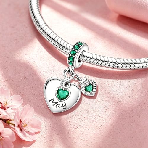 BLUELUNE Birthstone Charms, 925 Sterling Silver Dangle Charm with 5A Cubic Zirconia for Bracelets or Necklaces, Birthday, Mother's Day Present for Women - color: May