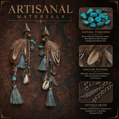 Boho Feather Tassel Earrings,Ethnic Vintage Bohemian Retro Turquoise Beaded Dangle Drop Earrings,Long Vintage Shell Statement Jewelry Gift Country Concert and Summer Festival Accessories
