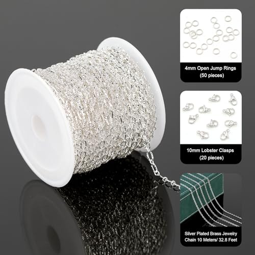 UMAOKANG 32.8 Feet Silver Jewelry Chain for Jewelry Making Silver Plated Brass Chain Roll Women Necklace Bracelet DIY Embossed Oval Cable Chain - color: Silver Embossed Oval