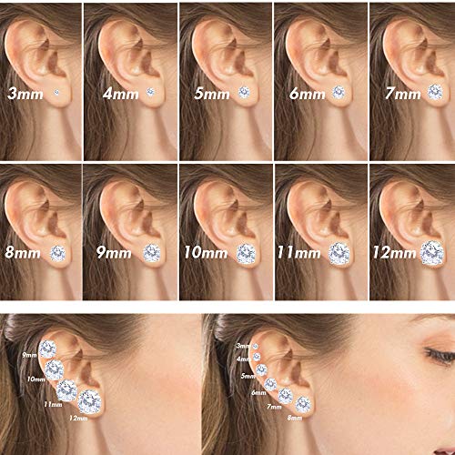 Stainless Steel Round Cut Cubic Zirconia Stud Earrings With Clear Case - Gold, Silver (3mm~12mm) - color: 7mm-Silver