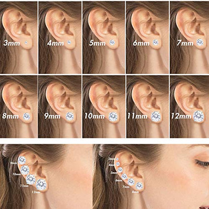 Stainless Steel Round Cut Cubic Zirconia Stud Earrings With Clear Case - Gold, Silver (3mm~12mm) - color: 7mm-Silver