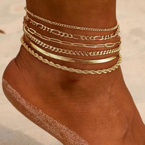 Rotnso Anklets for Women 14K Gold Silver Plated Ankle Bracelets Trendy Waterproof Boho Anklets Set Adjustable Dainty Cute Diamond Beaded Heart Non Tarnish Summer Beach Jewelry Gift - style: 6Pcs Herringbone&Cuban-GD