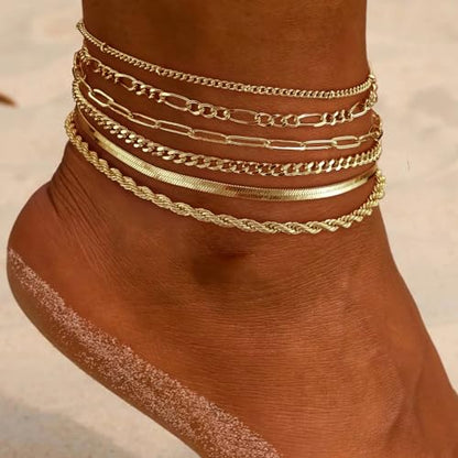 Rotnso Anklets for Women 14K Gold Silver Plated Ankle Bracelets Trendy Waterproof Boho Anklets Set Adjustable Dainty Cute Diamond Beaded Heart Non Tarnish Summer Beach Jewelry Gift - style: 6Pcs Herringbone&Cuban-GD