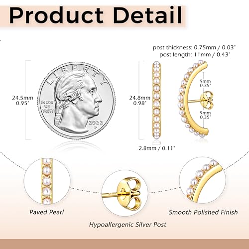 CZ Suspender Cuff Stud Earrings Wrap Earlobe Silver Post Cubic Zirconia Minimalist Jewelry for Women - color: Gold Full Pearl