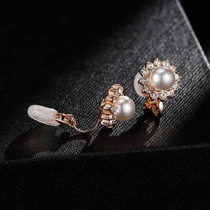 Pearl Clip On Earrings for Women, Austrian Crystal Halo | 14K Gold-Plated Finish, Comfortable Clip-On Fit, Non-Pierced Earrings, Soft Silicone Pads Included, Gift Box Included - color: White Pearl /Gold-Tone