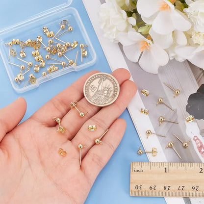 UNICRAFTALE About 30Pcs Real 24K Gold Plated Stud Earring Findings 15x7mm Golden Ball Post Stud Earrings with Ear Nuts and Loop Earring Findings Earrings Component for DIY Jewellery Making - color: Golden