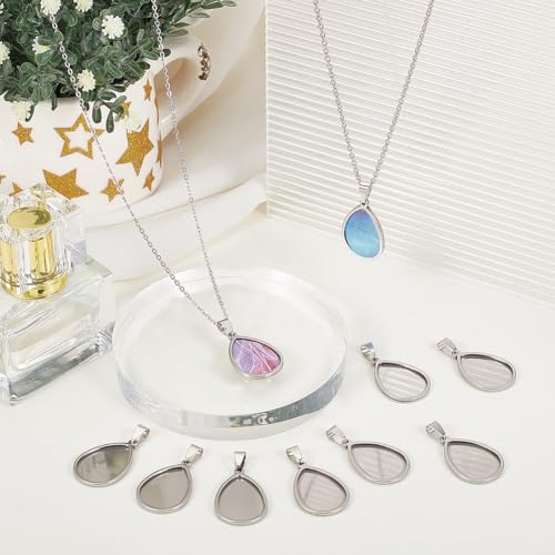 1 Box 10Pcs Silver Stainless Steel Cabochon Blanks Teardrop Bezel Pendant Trays Bulk Stylish Water Drop Shaped Bezel Pendant Trays for Jewelry Making Bracelet Necklace DIY Crafts Beginner - style: silver drop