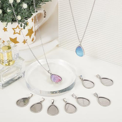 1 Box 10Pcs Silver Stainless Steel Cabochon Blanks Teardrop Bezel Pendant Trays Bulk Stylish Water Drop Shaped Bezel Pendant Trays for Jewelry Making Bracelet Necklace DIY Crafts Beginner - style: silver drop
