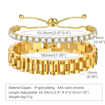 MPRAINBOW 2pcs 18K Gold Plated Chain Link Bracelet, Stainless Steel Crystal Friendship Bracelets Bangle,Watch Band Chains Wristband Jewelry with Adjust Tool - color: Gold Set - F