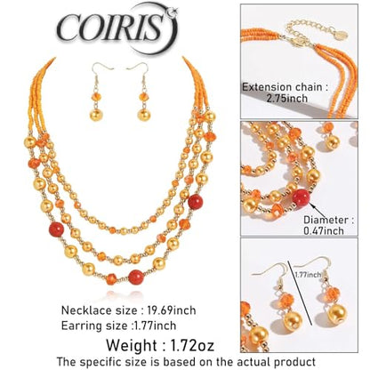 Coiris Layered Pearl Necklace and Earring Set for Women Boho Beaded Statement Choker with Faux Pearls Chunky Costume Jewelry for Wedding Party Beach Vacation Gift - color: Orange