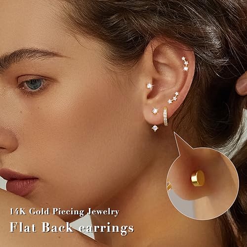 3 Pairs Dainty Small Earrings Set for Women Trendy, Birthstone Stud Huggie Hoop Jacket Stack for Cartilage Helix, Gold Plated Hypoallergenic Cute Women Fashion Accessories Western Jewelry Gifts - color: Flatback (Gold)