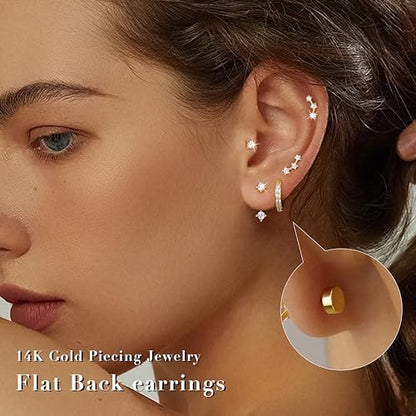 3 Pairs Dainty Small Earrings Set for Women Trendy, Birthstone Stud Huggie Hoop Jacket Stack for Cartilage Helix, Gold Plated Hypoallergenic Cute Women Fashion Accessories Western Jewelry Gifts - color: Flatback (Gold)