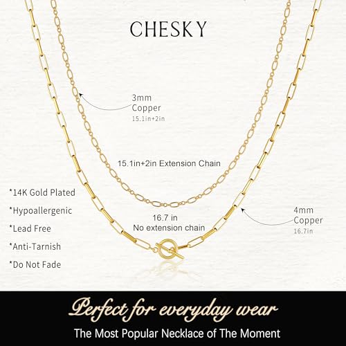CHESKY 14K Gold Plated Layered Chain Necklace for Women | Trendy Cuban Link Chain, Chunky Paperclip Chain, Toggle Clasp Necklace, Fashion Gold Jewelry, Daily Gift for Women - style: Paperclip Figaro-GD