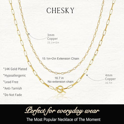 CHESKY 14K Gold Plated Layered Chain Necklace for Women | Trendy Cuban Link Chain, Chunky Paperclip Chain, Toggle Clasp Necklace, Fashion Gold Jewelry, Daily Gift for Women - style: Paperclip Figaro-GD