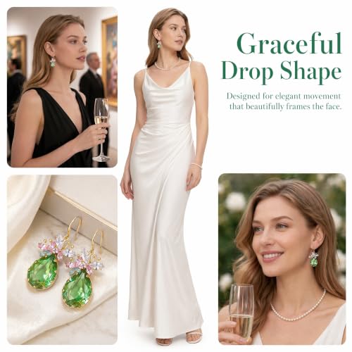 Green Butterfly Crystal Teardrop Dangle Earrings For Women | Gold Plated Brass Statement Accessories For Prom And Party Wear. Secure Hooks And Durable Crystals For Long Lasting Sparkle.