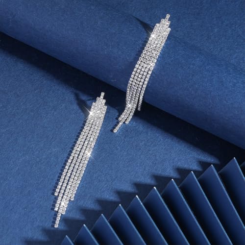 Silver Shiny Rhinestone Long Tassel Dangle Earrings for Women Trendy, Unique Bling Zirconia Drop Earring Dainty Prom Party Jewelry Accessories Gift - color: Silver
