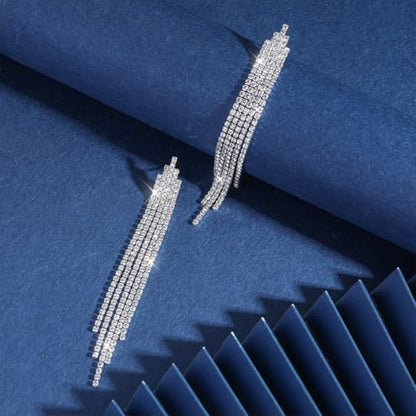 Silver Shiny Rhinestone Long Tassel Dangle Earrings for Women Trendy, Unique Bling Zirconia Drop Earring Dainty Prom Party Jewelry Accessories Gift - color: Silver
