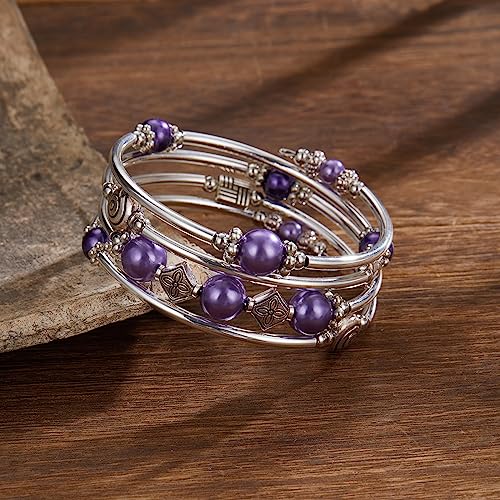 Beaded Pearl Bangle Wrap Bracelet - Fashion Bohemian Jewelry Multilayer Charm Bracelet with Thick Silver Metal Beads, Gift For Women - color: Purple pearl