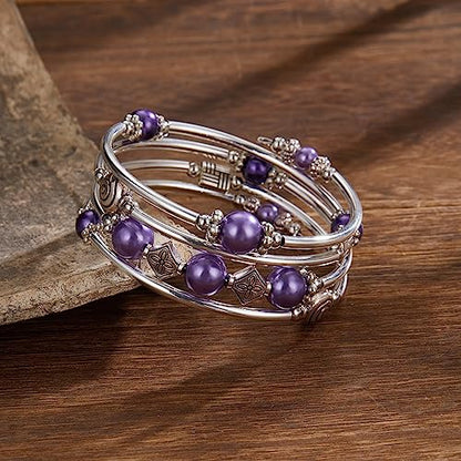 Beaded Pearl Bangle Wrap Bracelet - Fashion Bohemian Jewelry Multilayer Charm Bracelet with Thick Silver Metal Beads, Gift For Women - color: Purple pearl