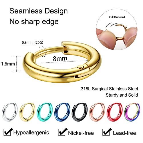 Jstyle 18G 20G Small Hoop Earrings for Men Women Huggie Hoops 8 Pairs | Hypoallergenic Surgical Stainless Steel, Multicolor Cartilage Helix Lobes Sleeper Hoop Earrings Set 8mm/10mm/12mm/14mm - style: Inner Diameter 8mm (20G)