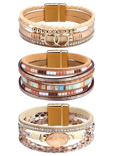 Sanfenly Leather Wrap Bracelets for Women,Boho Wrap Bracelets Leather Cuff Bangle Beads Bracelets Stackable Western Bracelets Jewelry for Women (Gold/Black/Gray/Turquoise) - color: Gold Leather